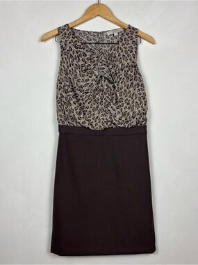 LOFT Women's Animal Print Dress Blouson Split Back Brown Sz 4 Career Office